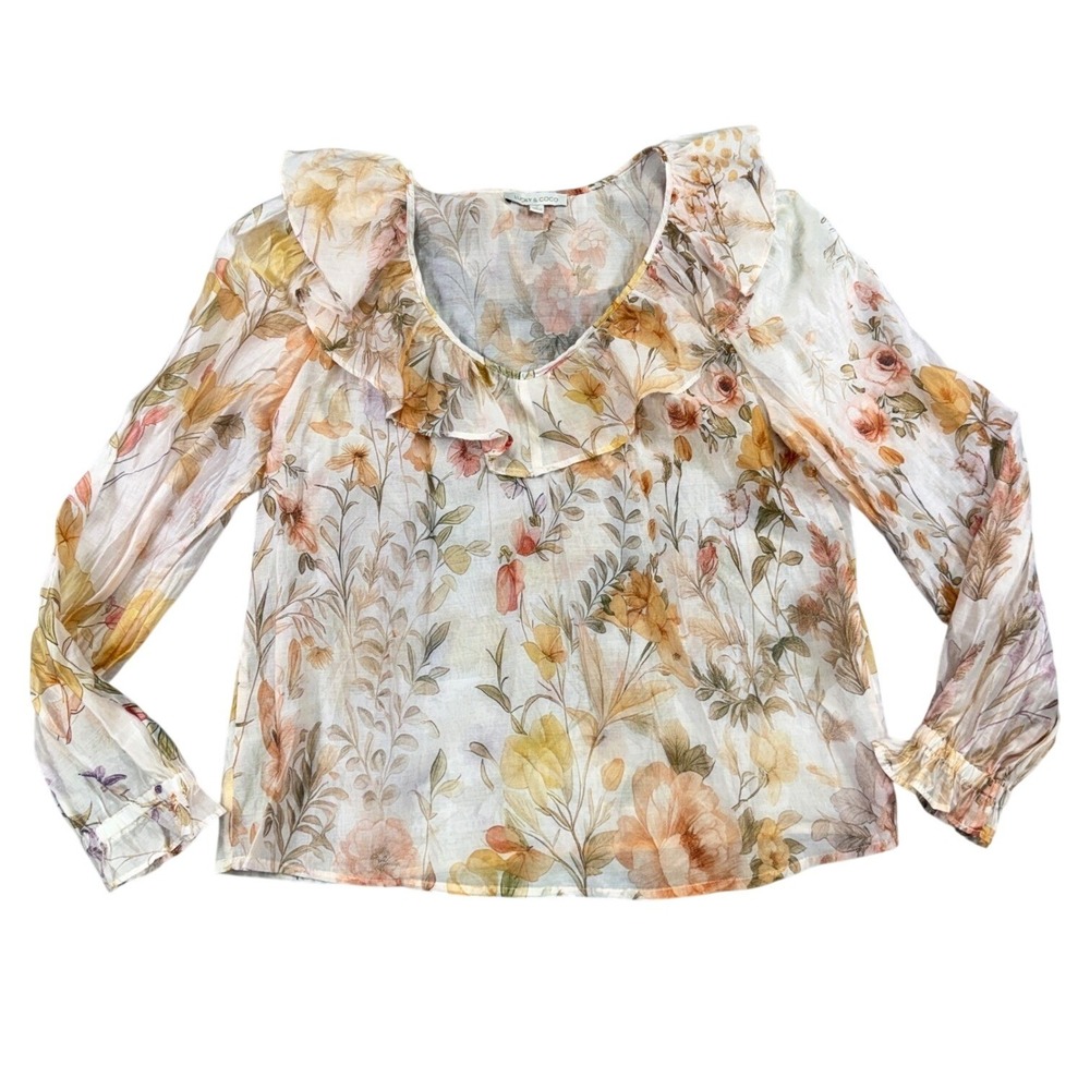 Lucky & Coco Women Small Floral Ruffle Neck Tencel Blend Long Sleeve Blouse Top